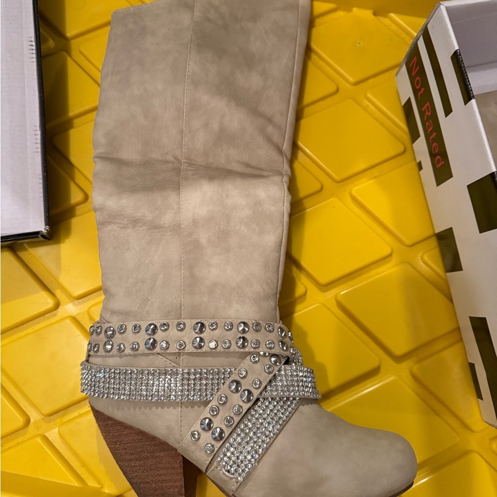 Not Rated Beige Heeled Boots with Rhinestone Straps - Picture 5 of 10